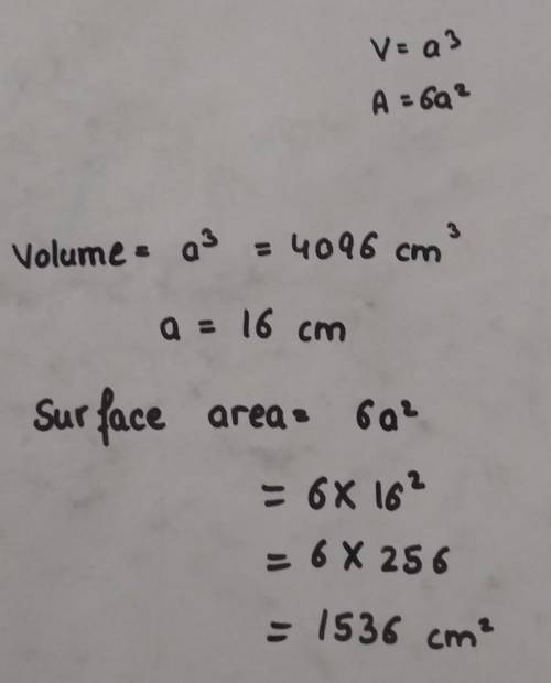 If the volume of a cube is 4096 cubic cm, what is its surface area