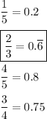 \dfrac{1}{5}=0.2\\\\\boxed{\dfrac{2}{3}=0.\overline{6}}\\\\\dfrac{4}{5}=0.8\\\\\dfrac{3}{4}=0.75