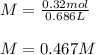 M=\frac{0.32mol}{0.686L}\\ \\M=0.467M