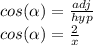 cos(\alpha)= \frac{adj}{hyp} \\cos(\alpha)= \frac{2}{x}