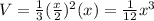 V= \frac{1}{3} (\frac{x}{2})^2 (x)= \frac{1}{12} x^3