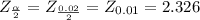 Z_{\frac{\alpha }{2} } = Z_{\frac{0.02}{2} } = Z_{0.01} =2.326