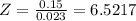 Z = \frac{0.15}{ 0.023} = 6.5217