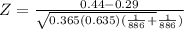 Z = \frac{0.44-0.29  }{\sqrt{0.365(0.635)(\frac{1}{886} +}\frac{1}{886}  )}