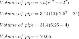 Volume\ of\ pipe = \pi h(r1^2-r2^2)\\\\Volume\ of\ pipe = 3.14(10) (2.5^2-2^2)\\\\Volume\ of\ pipe = 31.4(6.25-4)\\\\Volume\ of\ pipe = 70.65\\\\