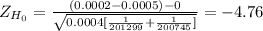 Z_{H_0}= \frac{(0.0002-0.0005)-0}{\sqrt{0.0004[\frac{1}{201299} +\frac{1}{200745} ]} }= -4.76