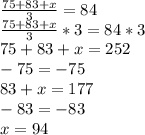 \frac{75+83+x}{3}=84\\\frac{75+83+x}{3}*3=84*3\\75+83+x=252\\-75          =-75\\83+x=177\\-83  = -83\\x = 94\\