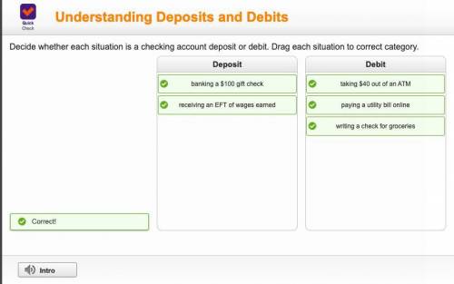 Decide whether each situation is a checking account deposit or debit. Drag each situation to correct