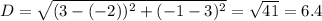D = \sqrt{(3 - (-2))^{2} + (-1 - 3)^{2}} = \sqrt{41} = 6.4