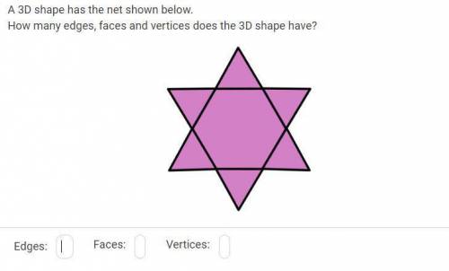 Pls help?? A 3D shape has the net shown below. How many edges, faces and vertices does the 3D shape