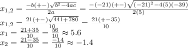 x_{1,2}=\frac{-b(+-)\sqrt{b^{2}-4ac } }{2a} =\frac{-(-21) (+-)\sqrt{(-21)^{2} -4(5)(-39)} }{2(5)}\\ x_{1,2}=\frac{21(+-)\sqrt{441+780} }{10}=\frac{21(+-35)}{10}\\x_{1}=\frac{21+35}{10}=\frac{56}{10} \approx 5.6\\  x_{2}=\frac{21-35}{10}=\frac{-14}{10} \approx -1.4