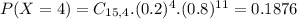 P(X = 4) = C_{15,4}.(0.2)^{4}.(0.8)^{11} = 0.1876