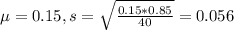 \mu = 0.15, s = \sqrt{\frac{0.15*0.85}{40}} = 0.056