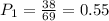 P_1=\frac{38}{69} =0.55