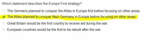 Which statement describes the Europe First strategy?

 
A.The Germans planned to conquer the Allies