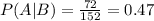 P(A|B)=\frac{72}{152}=0.47
