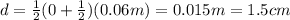d=\frac{1}{2}(0+\frac{1}{2})(0.06m)=0.015m=1.5cm
