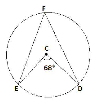 Points E, F, and D are located on circle C. Circle C is shown. Line segments E C and D F are radii.
