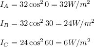 I_A=32\cos^20=32W/m^2\\\\I_B=32\cos^230=24W/m^2\\\\I_C=24\cos^260=6W/m^2