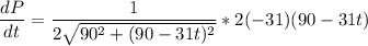 \dfrac{dP}{dt} =\dfrac{1}{ 2 \sqrt{90^2 +(90-31t)^2} } * 2 (-31)(90-31t)