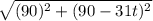 \sqrt{(90)^2 + (90 - 31t )^2}