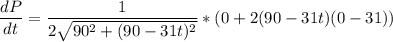 \dfrac{dP}{dt} =\dfrac{1}{ 2 \sqrt{90^2 +(90-31t)^2} } *(0+ 2 (90-31t)(0-31))