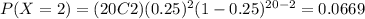 P(X=2)=(20C2)(0.25)^2 (1-0.25)^{20-2}=0.0669