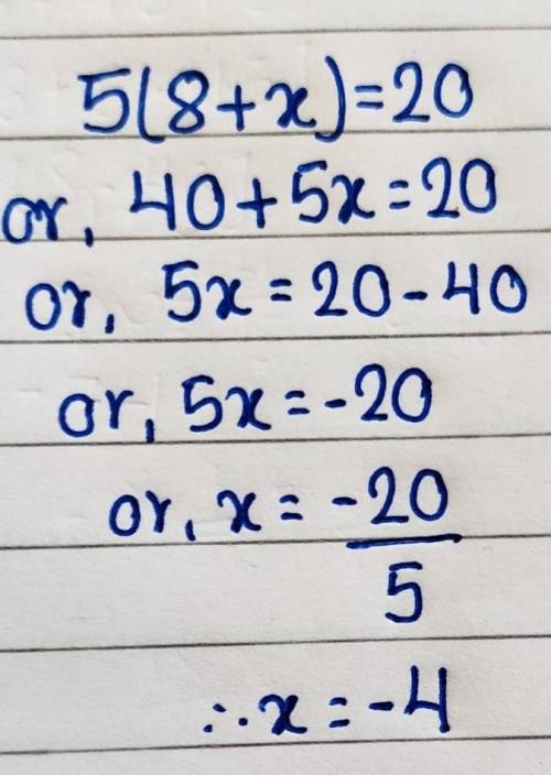 The value of x in 5(8+x)=20