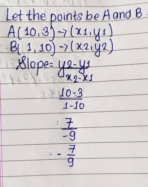 Find the slope of the line that passes through (10, 3) and (1, 10).

Simplify your answer and write