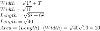Width=\sqrt{1^2+3^2}\\ Width=\sqrt{10}\\Length=\sqrt{2^2+6^2}\\Length=\sqrt{40}\\Area=(Length)\cdot(Width)=\sqrt{40}\sqrt{10}=20\\