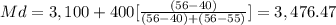 Md= 3,100 + 400[\frac{(56-40)}{(56-40)+(56-55)} ]= 3,476.47