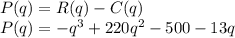 P(q) = R(q) - C(q)\\P(q) = -q^3+220q^2-500-13q