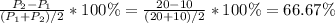 \frac{P_2-P_1}{(P_1+P_2)/2} *100\%=\frac{20-10}{(20+10)/2}*100\%= 66.67\%\\