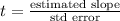 t=\frac{\text {estimated slope}}{\text {std error}}