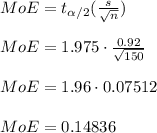 MoE = t_{\alpha/2}(\frac{s}{\sqrt{n} } ) \\\\MoE = 1.975\cdot \frac{0.92}{\sqrt{150} } \\\\MoE = 1.96\cdot 0.07512\\\\MoE = 0.14836\\\\