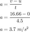 a=\dfrac{v-u}{t}\\\\a=\dfrac{16.66-0}{4.5}\\\\a=3.7\ m/s^2