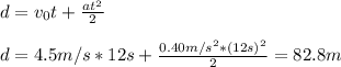 d = v_{0}t + \frac{at^_2}{2}\\\\d = 4.5 m/s*12s +\frac{0.40 m/s^{2}*(12s)^{2}}{2} = 82.8 m
