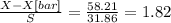 \frac{X-X[bar]}{S} = \frac{58.21}{31.86}= 1.82
