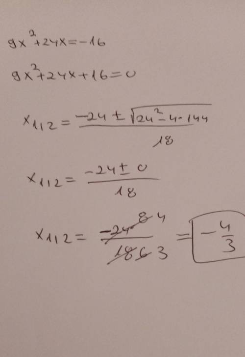 Solve equation by using the quadratic formula. 9 x squared + 24 x = negative 16
