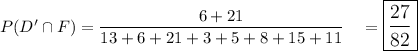 P(D'\cap F) = \dfrac{6+21}{13+6+21+3+5+8+15+11}\quad =\large\boxed{\dfrac{27}{82}}