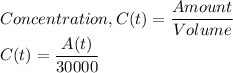 Concentration, C(t)= \dfrac{Amount}{Volume}\\C(t)=\dfrac{A(t)}{30000}