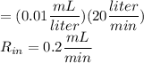 =(0.01\dfrac{mL}{liter}) (20\dfrac{liter}{min})\\R_{in}=0.2\dfrac{mL}{min}