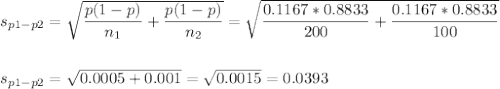 s_{p1-p2}=\sqrt{\dfrac{p(1-p)}{n_1}+\dfrac{p(1-p)}{n_2}}=\sqrt{\dfrac{0.1167*0.8833}{200}+\dfrac{0.1167*0.8833}{100}}\\\\\\s_{p1-p2}=\sqrt{0.0005+0.001}=\sqrt{0.0015}=0.0393