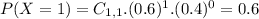 P(X = 1) = C_{1,1}.(0.6)^{1}.(0.4)^{0} = 0.6