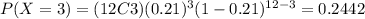 P(X=3)=(12C3)(0.21)^3 (1-0.21)^{12-3}=0.2442