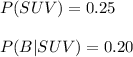 P(SUV)=0.25\\\\P(B | SUV)=0.20