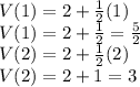 V(1)=2+\frac{1}{2} (1)\\V(1)=2+\frac{1}{2}=\frac{5}{2}\\V(2)=2+\frac{1}{2}(2)\\V(2)=2+1=3
