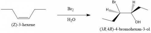 Draw the structure of the bromohydrin formed when (Z)-3-hexene reacts with Br2/H2O. Use the wedge/ha
