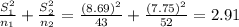 \frac{S_1^2}{n_1} +\frac{S_2^2}{n_2} = \frac{(8.69)^2}{43} +\frac{(7.75)^2}{52}= 2.91