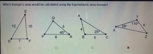 Which triangle’s area would be calculated using the trigonometric area formula?

Triangle E F D is s